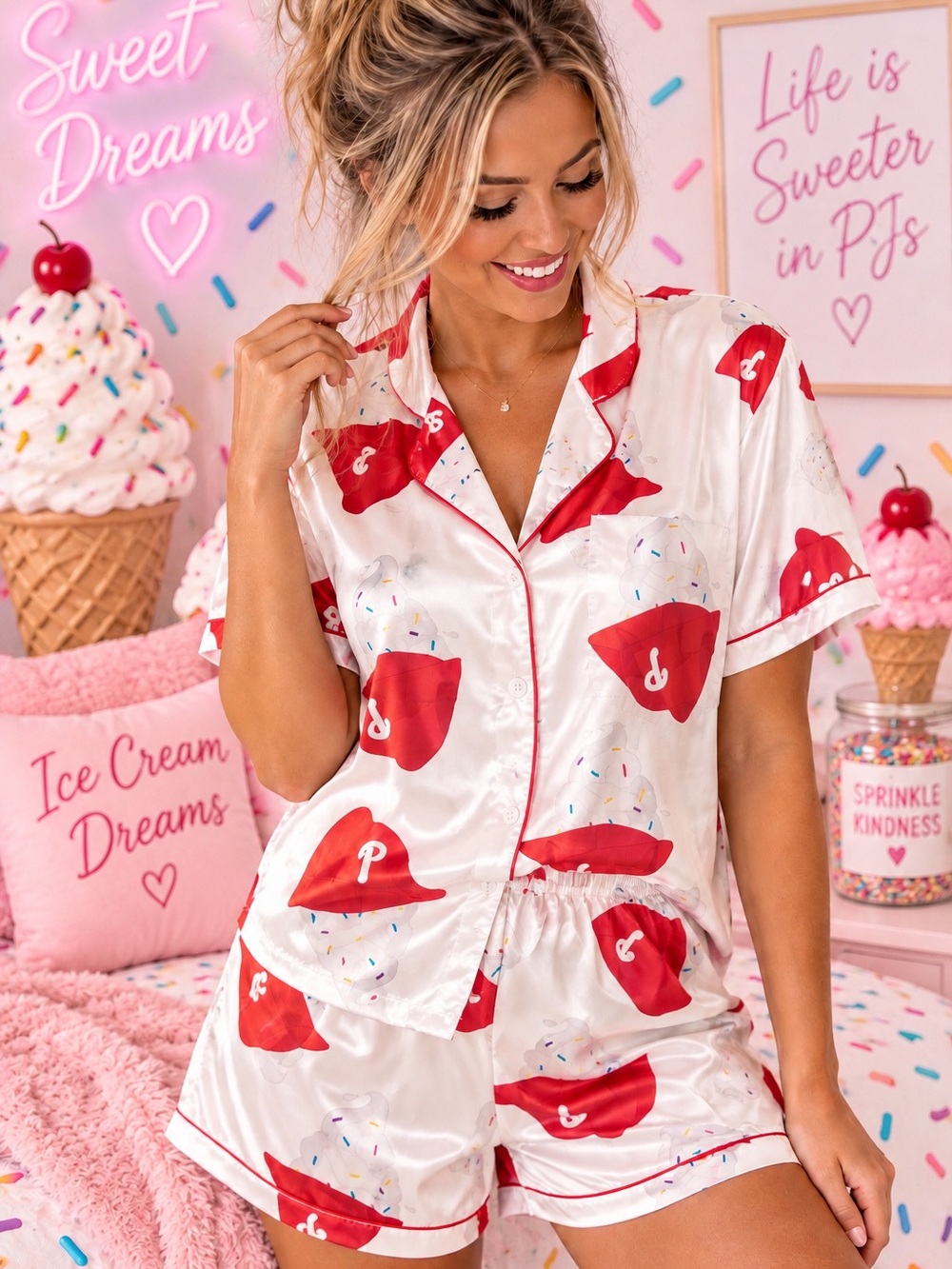 SheShow Ice Cream Sprinkles Baseball Satin Pajama Set – Women’s🍦